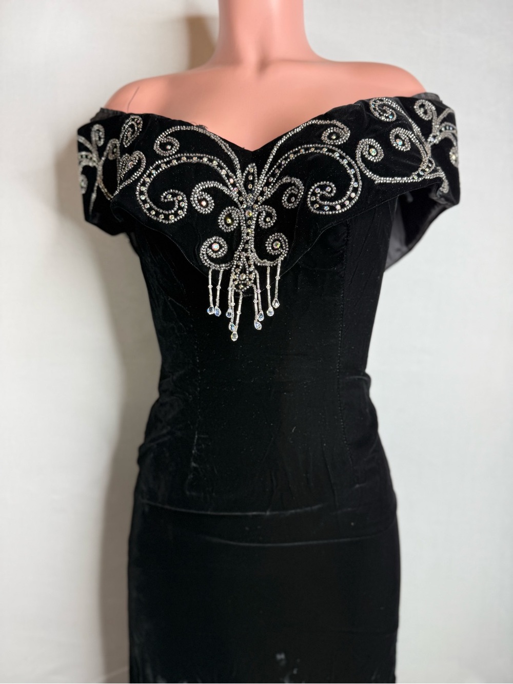 Black vintage velvet off-the-shoulder dress with rich bead and crystal embellish